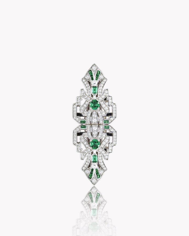 Art Deco Style Geometric Versatile Brooch with Emerald Accents