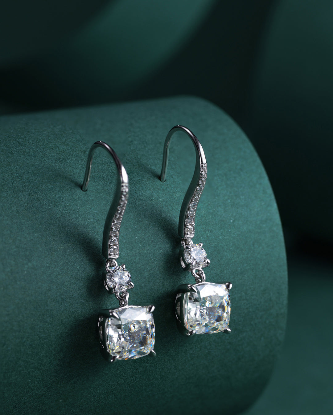 Cushion Cut White Diamond Earrings with Swan Hooks