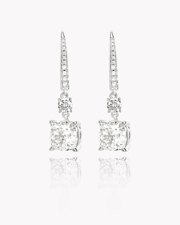 Cushion Cut White Diamond Earrings with Swan Hooks