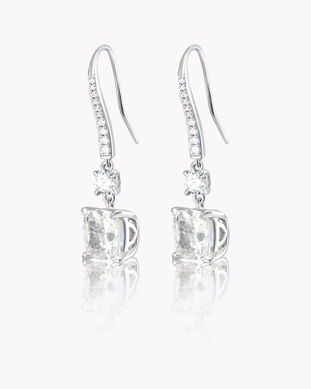 Cushion Cut White Diamond Earrings with Swan Hooks