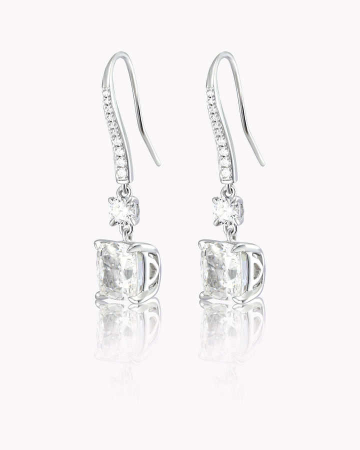 Cushion Cut White Diamond Earrings with Swan Hooks