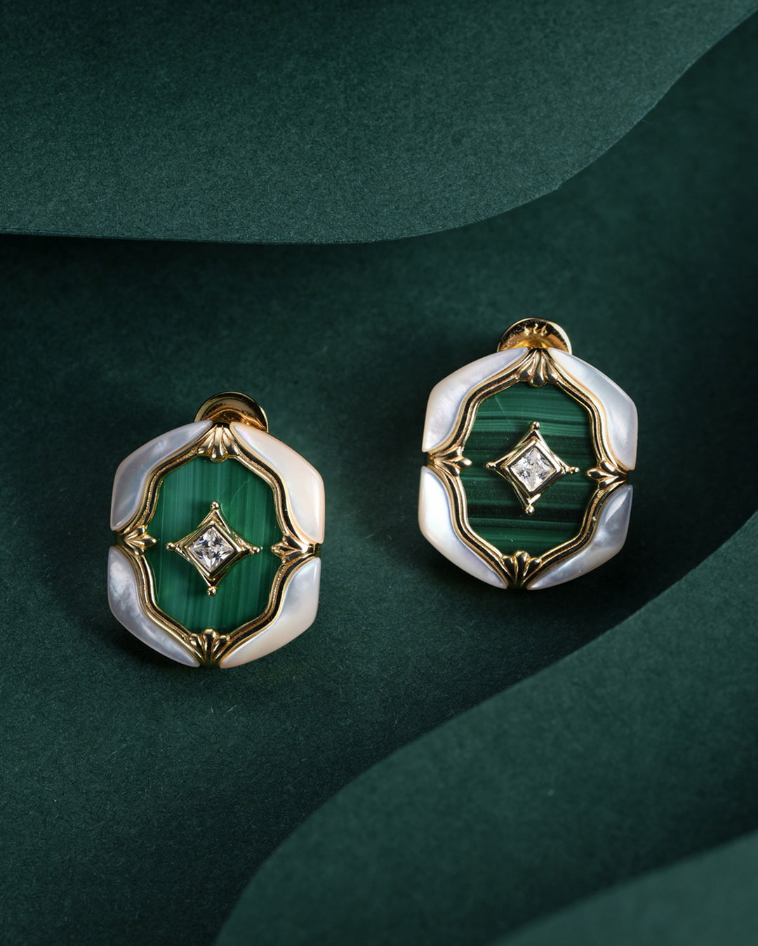 Malachite Centerpiece on Mother-of-Pearl Hexagonal Earrings