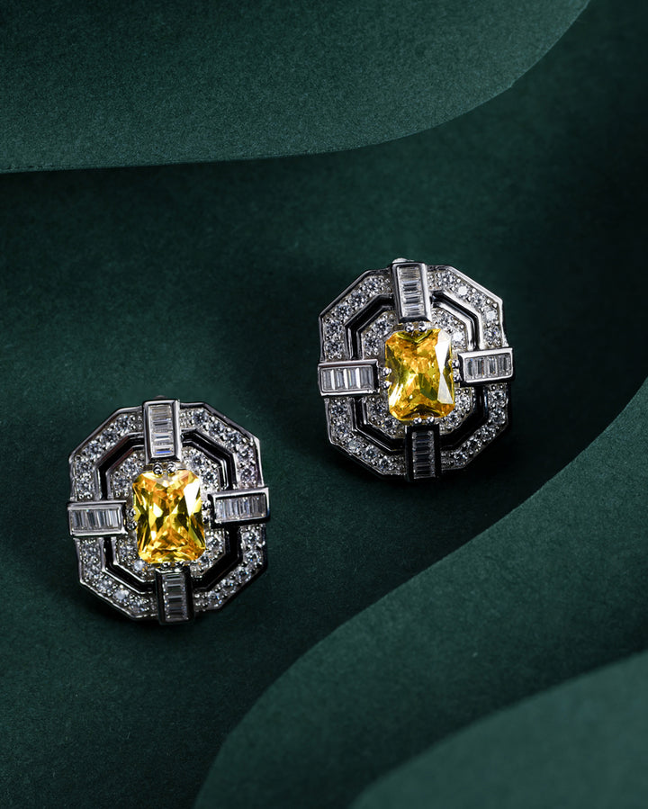 Art Deco Style Geometry Earrings with Yellow Radiant Cut Diamond