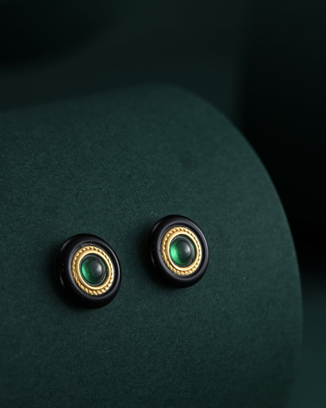 Round Emerald Stud Earrings with Black Agate