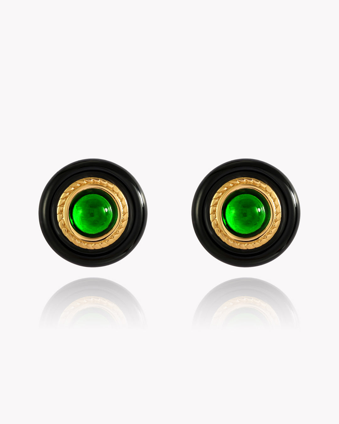 Round Emerald Stud Earrings with Black Agate