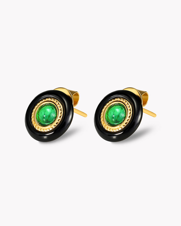 Round Emerald Stud Earrings with Black Agate