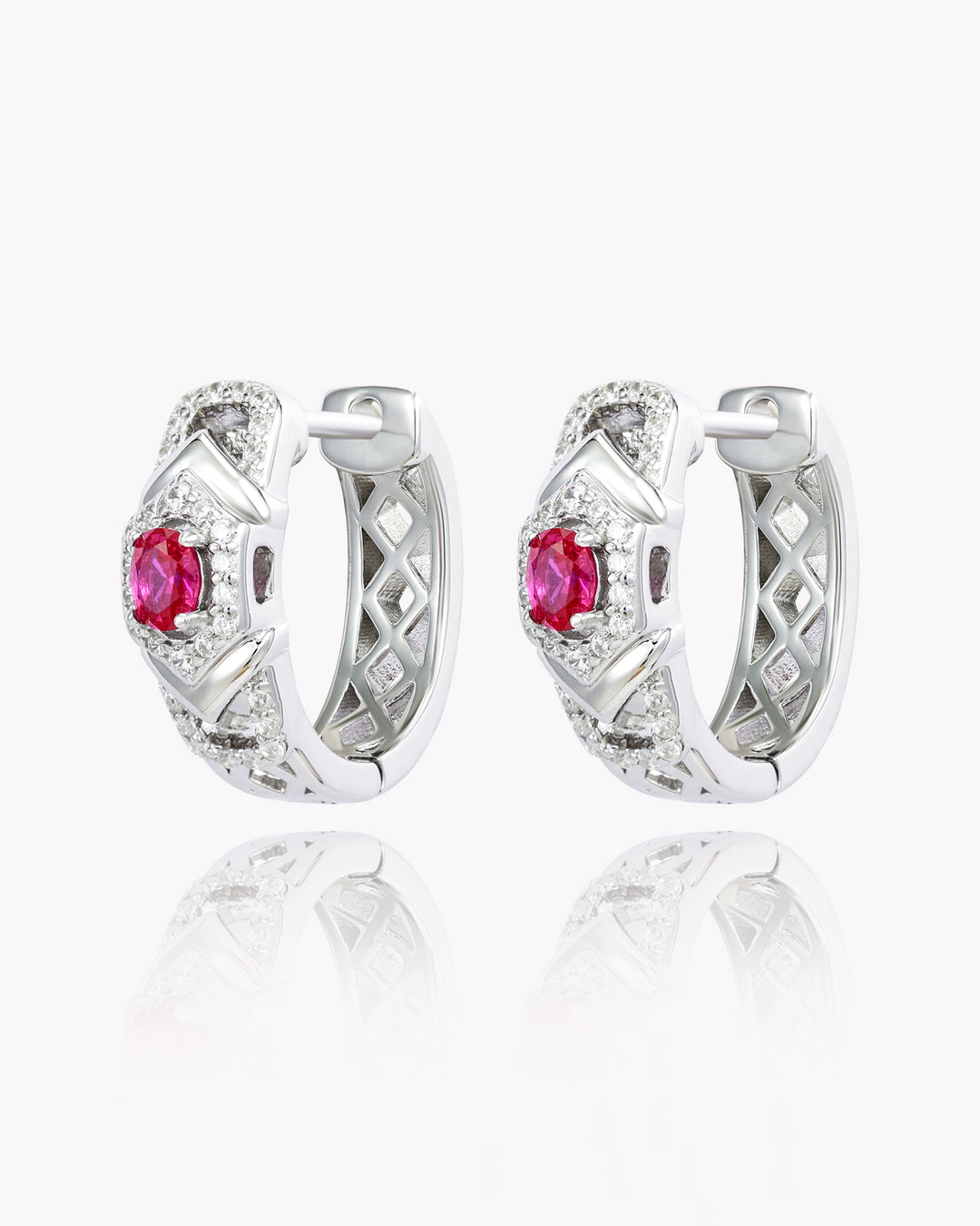 Oval Ruby Classic Platinum Earrings with Diamond Accents