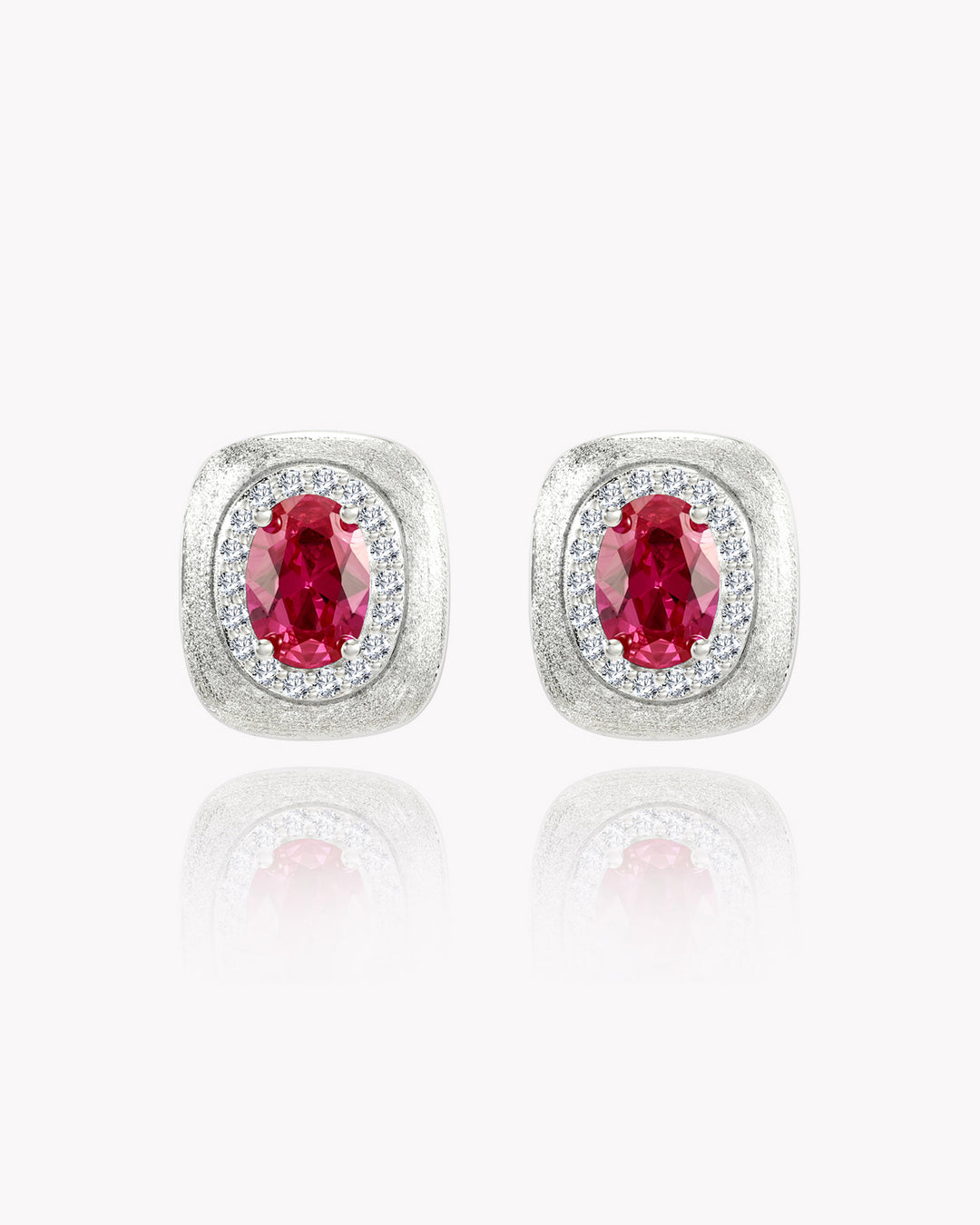 Oval Ruby Stud Earrings with Engraved Platinum Base