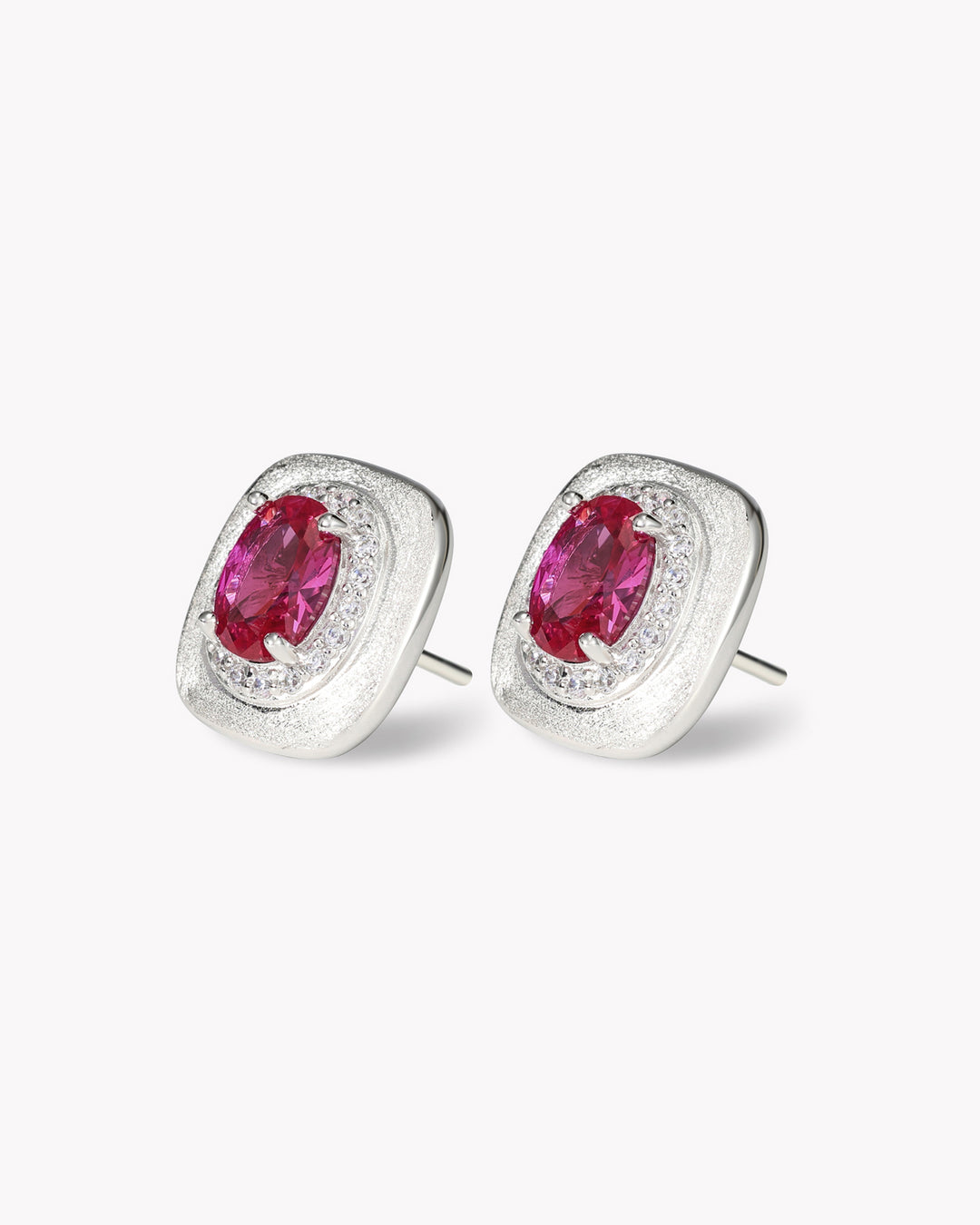 Oval Ruby Stud Earrings with Engraved Platinum Base