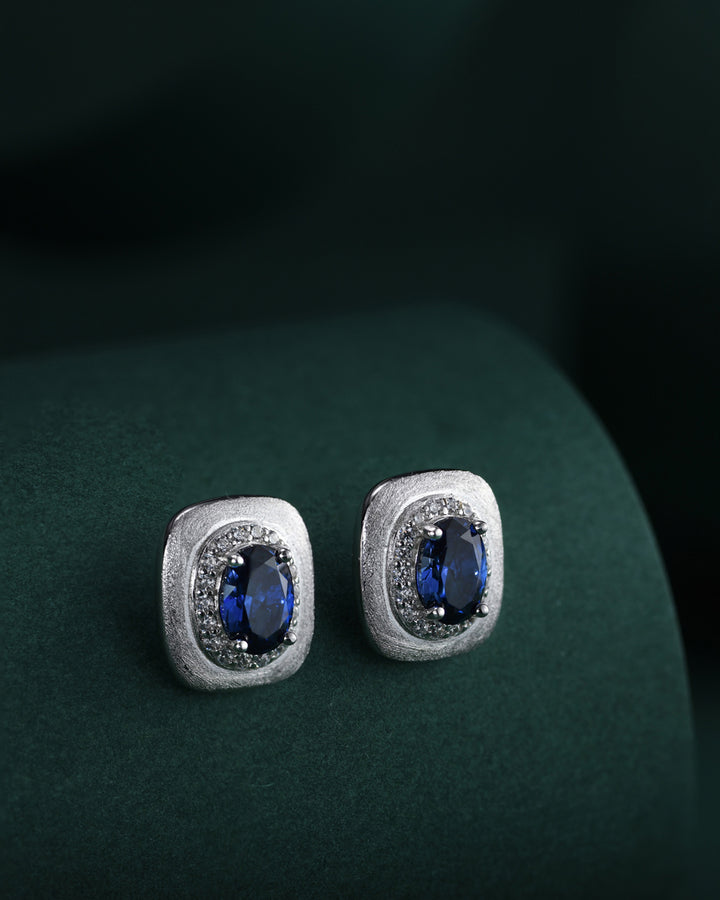 Oval Sapphire Stud Earrings with Engraved Platinum Base