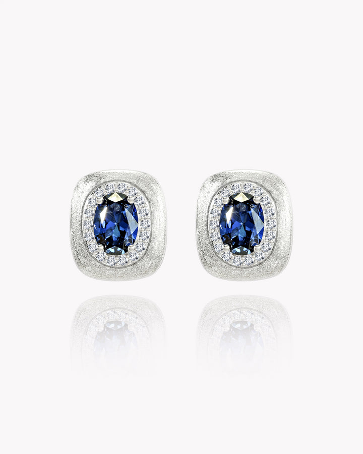 Oval Sapphire Stud Earrings with Engraved Platinum Base