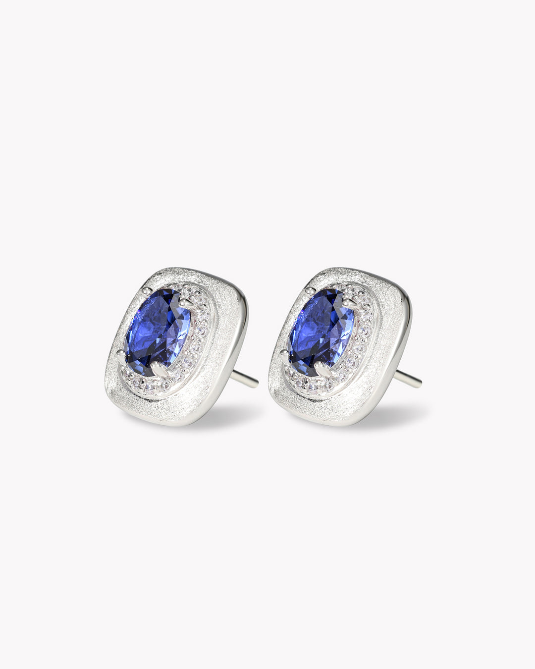 Oval Sapphire Stud Earrings with Engraved Platinum Base