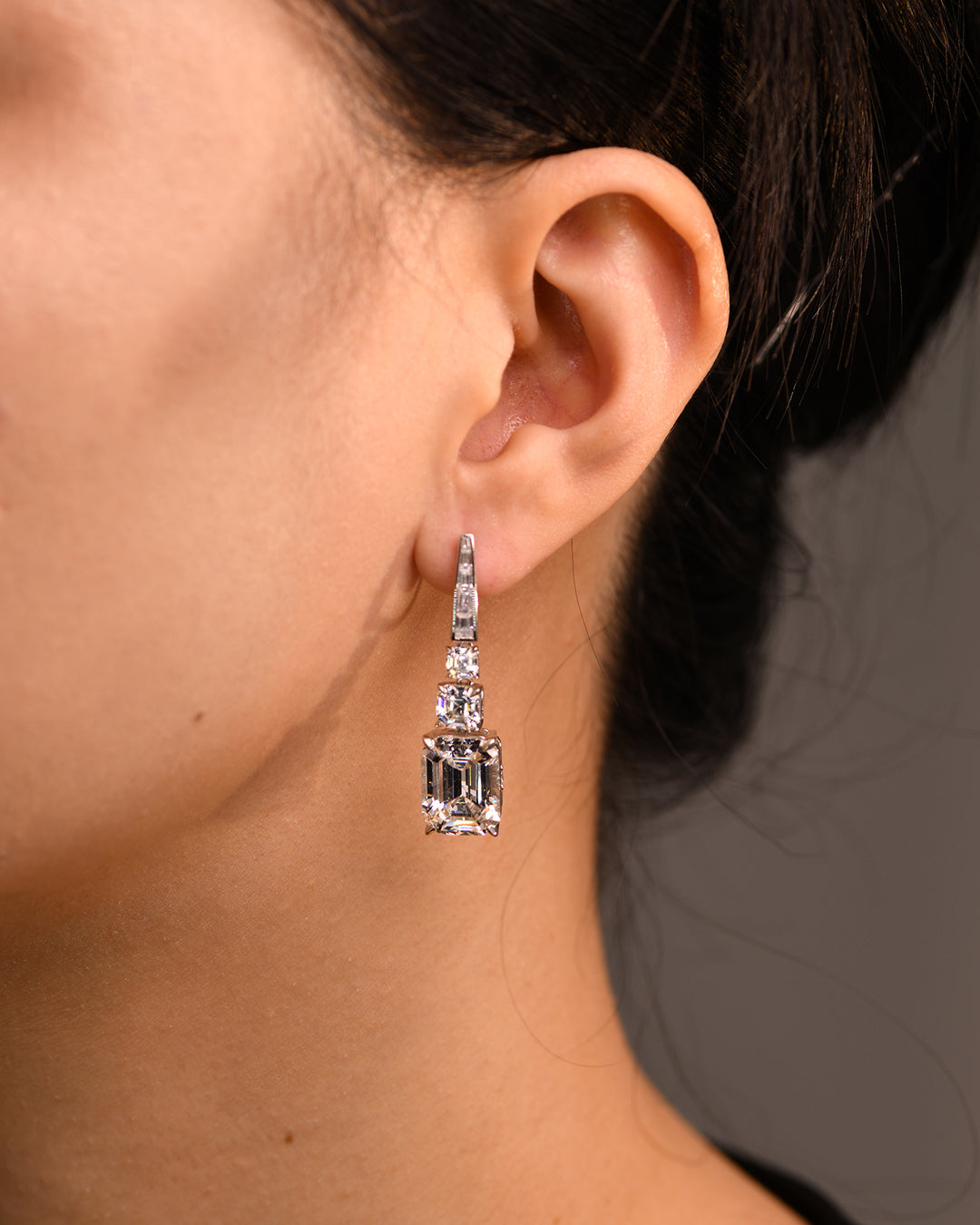 Trio Drop Earrings with Emerald Cut Diamond