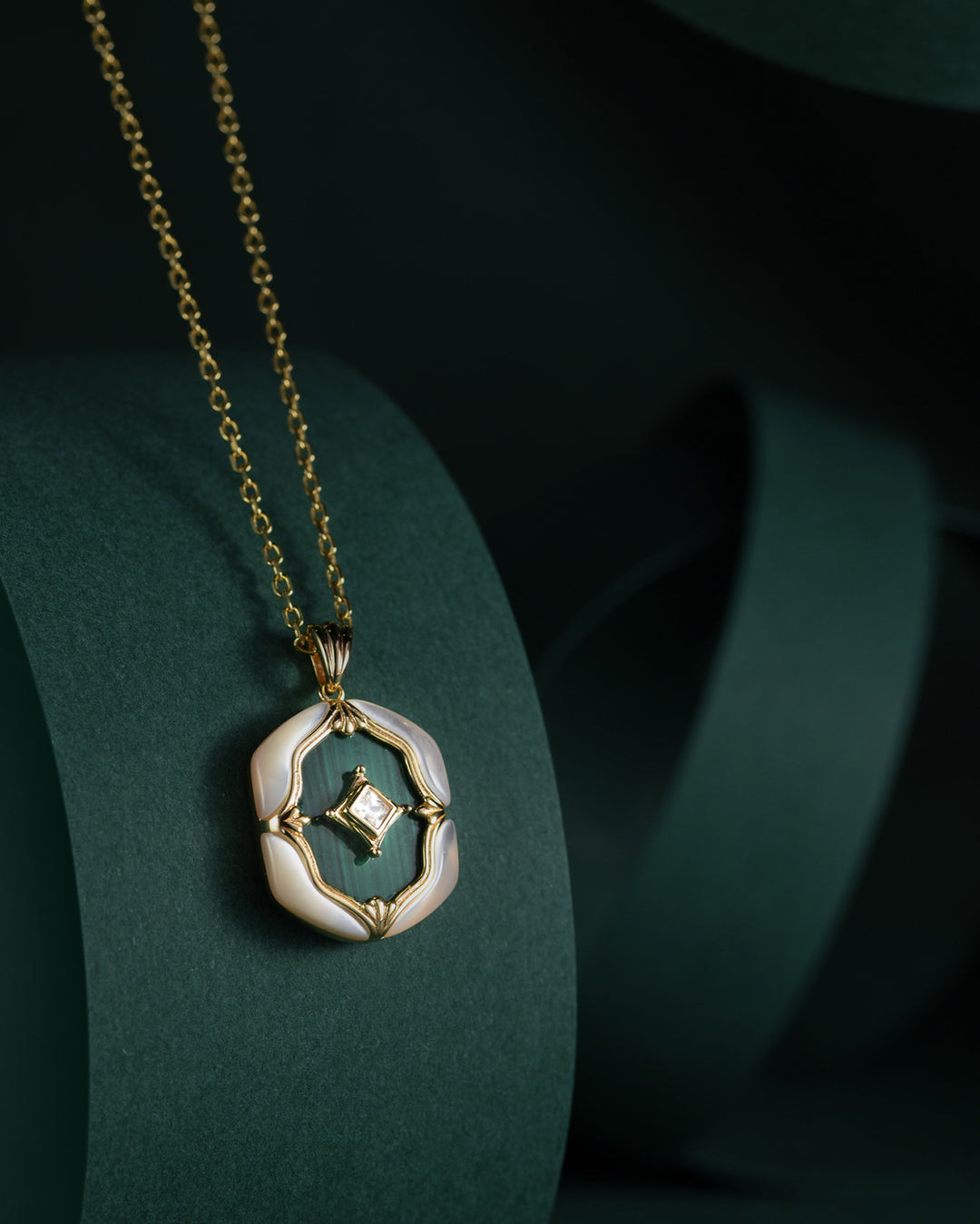 Malachite Centerpiece on Mother-of-Pearl Hexagonal Pendant