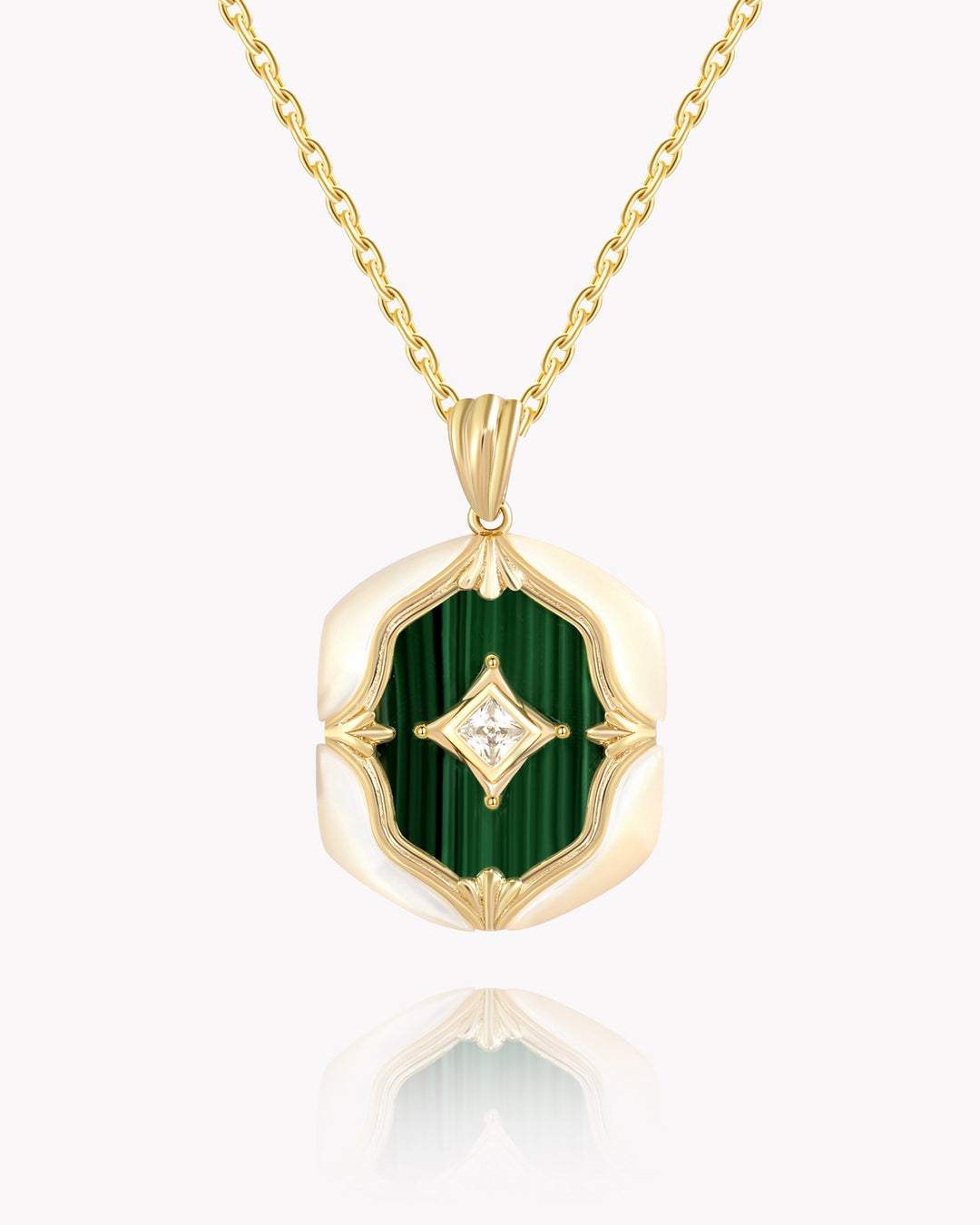 Malachite Centerpiece on Mother-of-Pearl Hexagonal Pendant