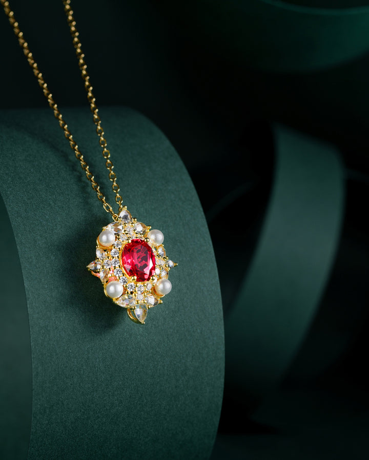 Oval Ruby and Diamond Harmony Pendant with Golden Base