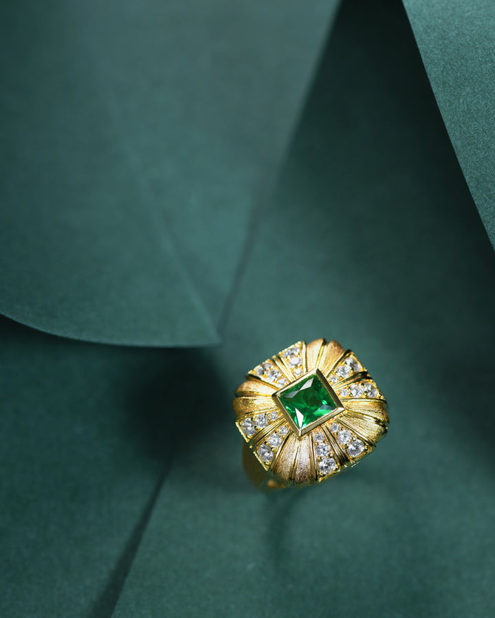 Golden Cushion Ring with Princess Cut Emerald