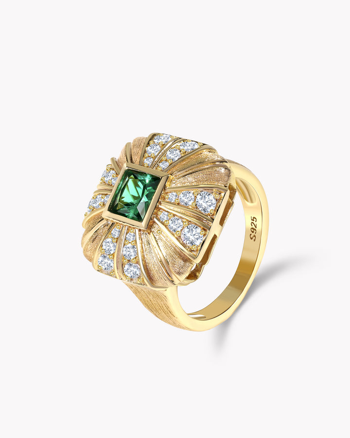 Golden Cushion Ring with Princess Cut Emerald