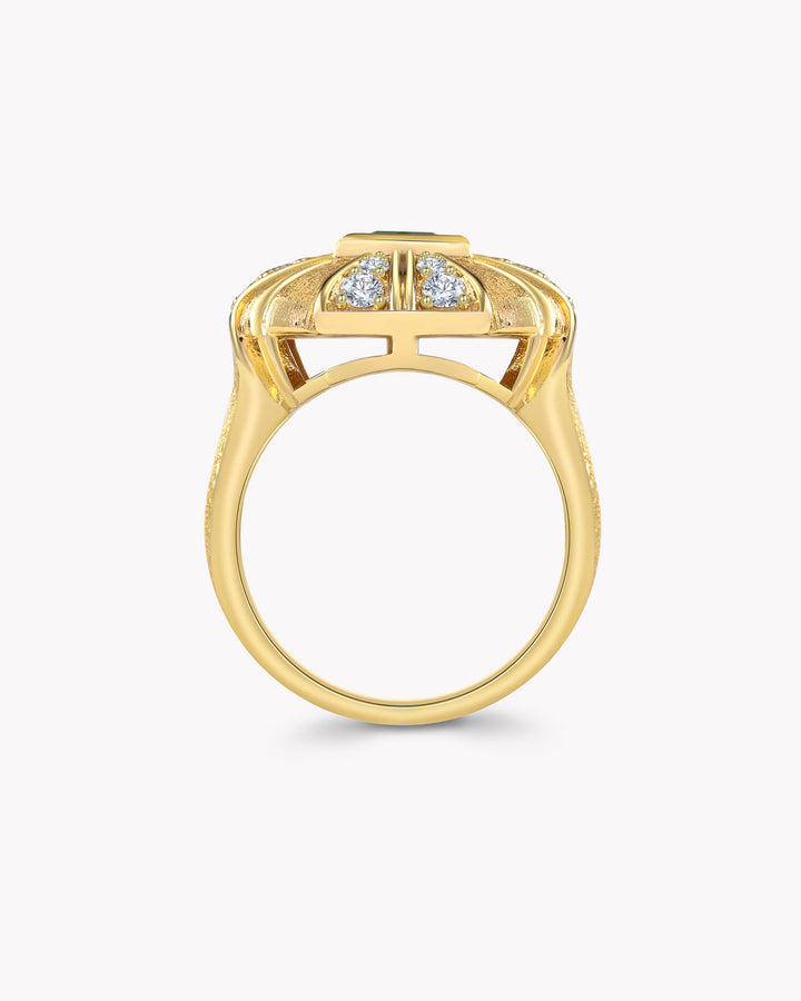 Golden Cushion Ring with Princess Cut Emerald