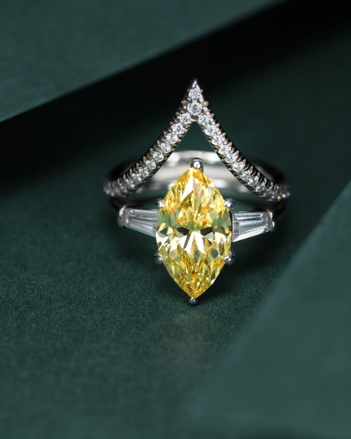 Marquise Yellow Diamond Duo Ring Set with V-Shaped Band