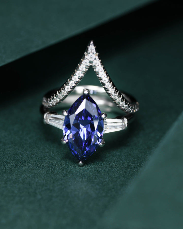 Marquise Sapphire Duo Ring Set with V-Shaped Band