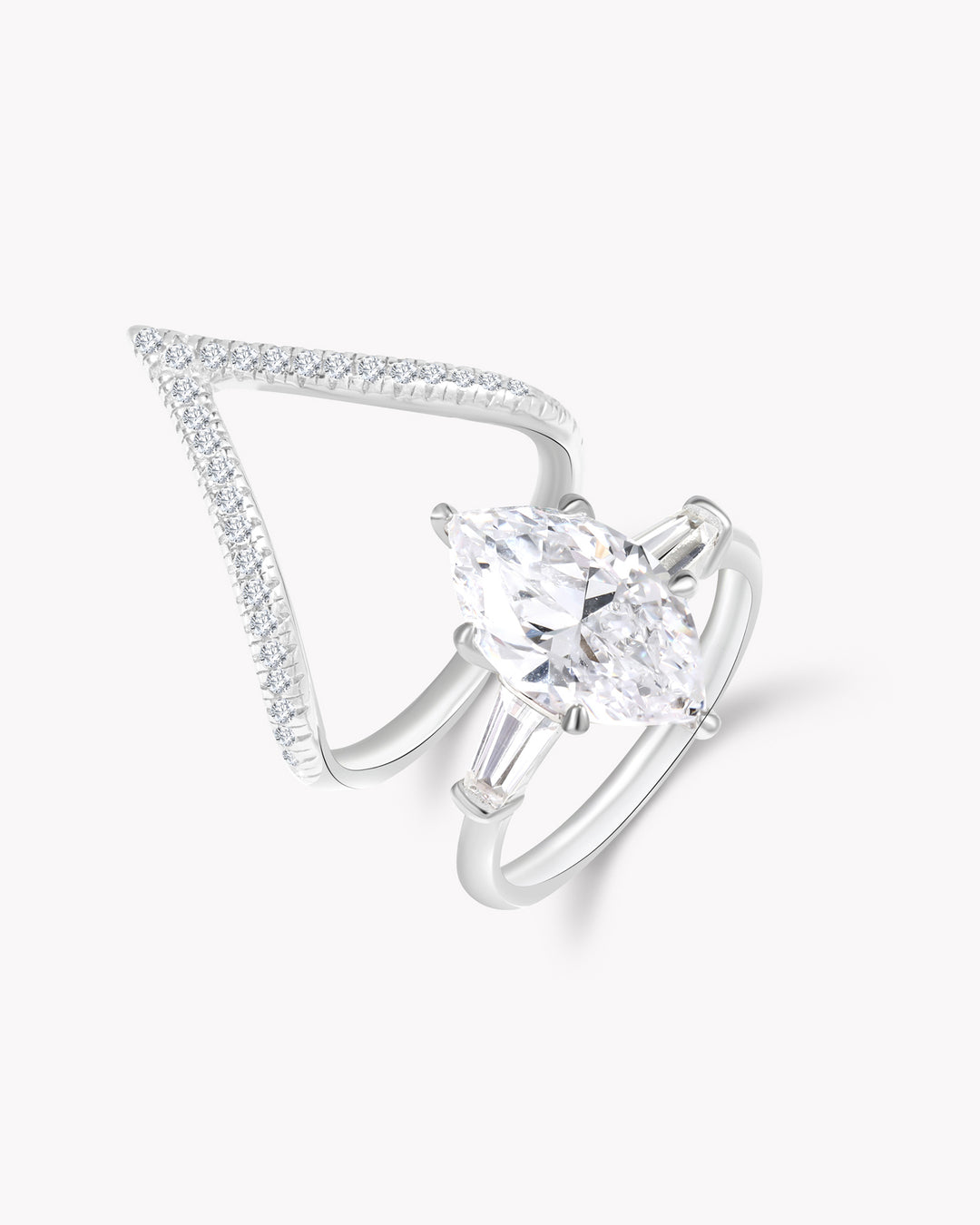 Marquise White Diamond Duo Ring Set with V-Shaped Band