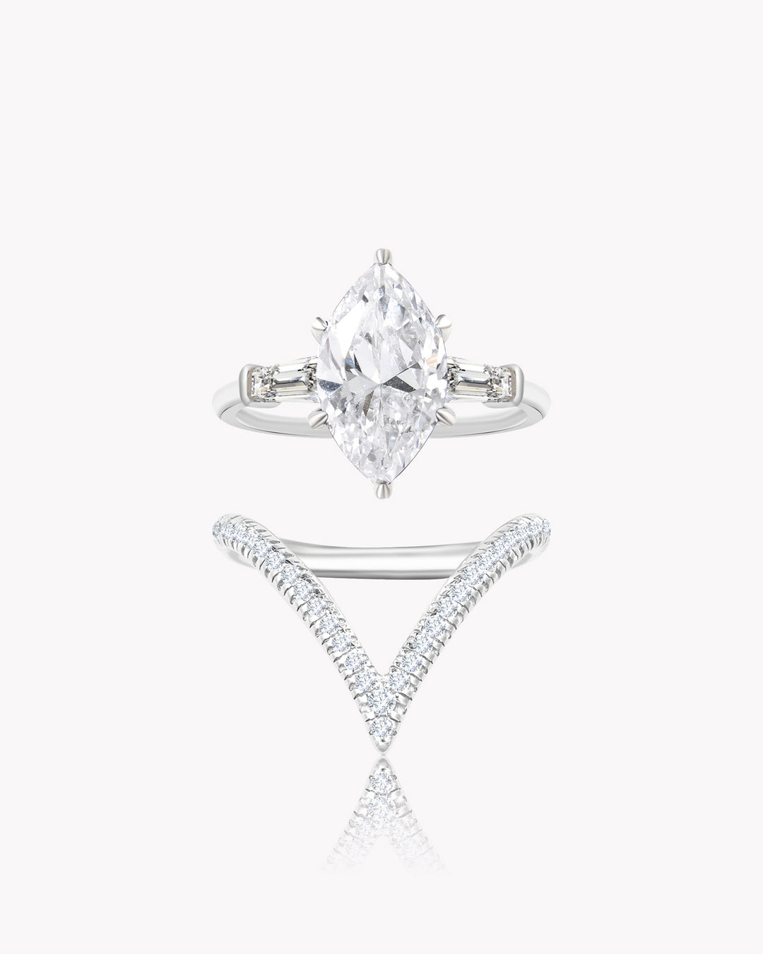 Marquise White Diamond Duo Ring Set with V-Shaped Band