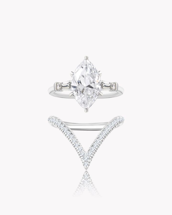 Marquise White Diamond Duo Ring Set with V-Shaped Band