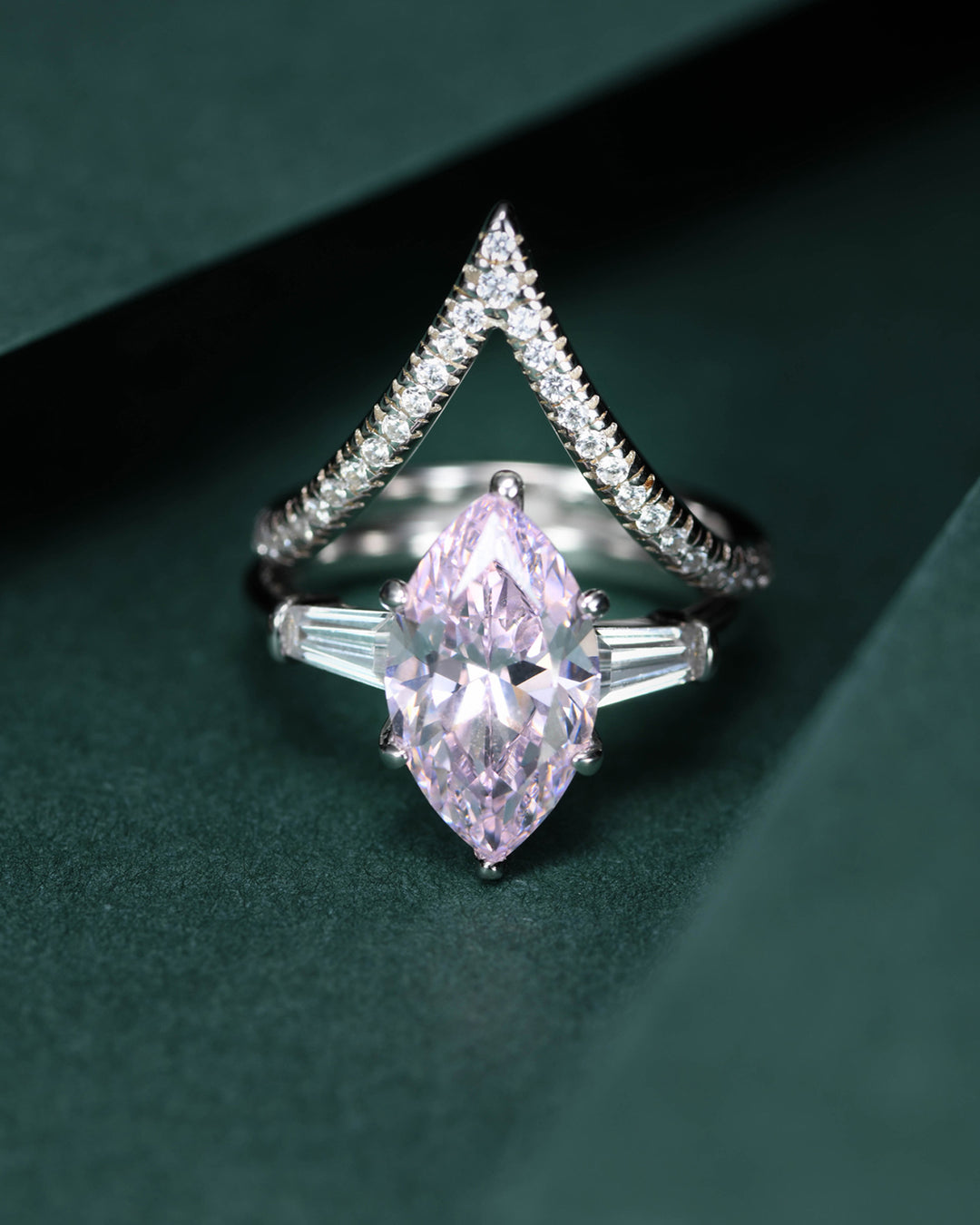 Marquise Pink Diamond Duo Ring Set with V-Shaped Band