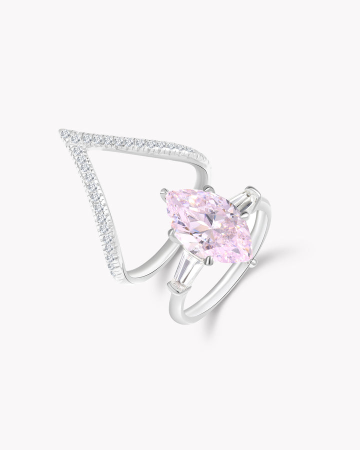 Marquise Pink Diamond Duo Ring Set with V-Shaped Band