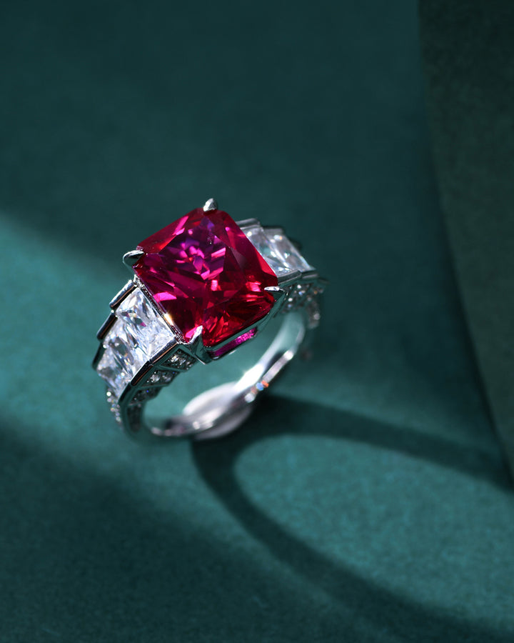 Radiant Ruby Centerpiece Ring with Step-Shape Diamond Band