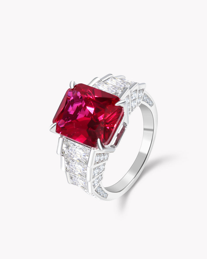 Radiant Ruby Centerpiece Ring with Step-Shape Diamond Band