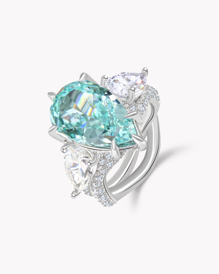 Tear of Joséphine: Blue-Green Pear Cut Diamond Ring with Crossed Branch Band