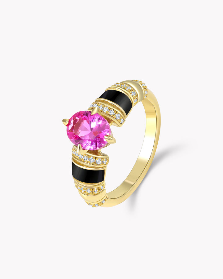 Oval Ruby and Diamond Striped Golden Ring with Black Agate Accents